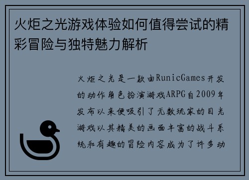 火炬之光游戏体验如何值得尝试的精彩冒险与独特魅力解析